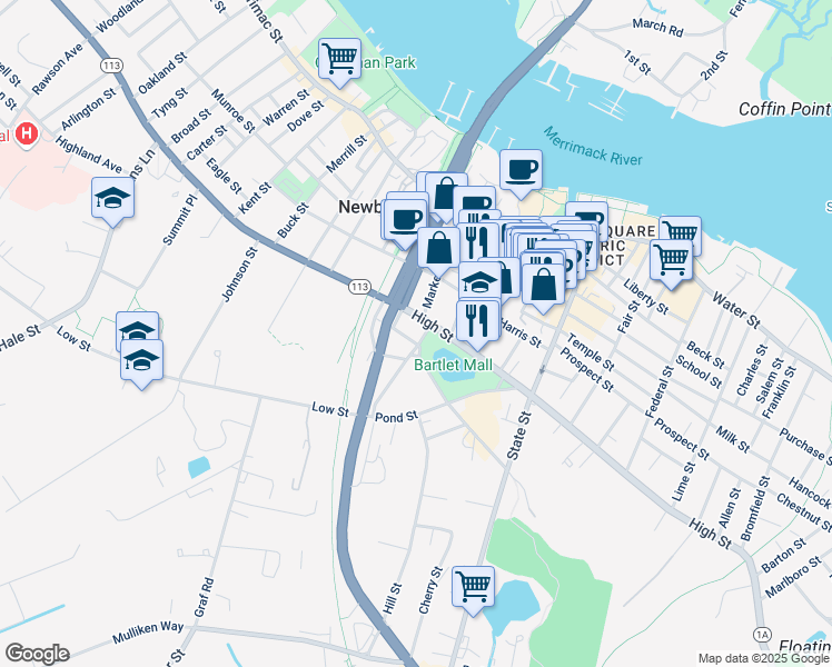 map of restaurants, bars, coffee shops, grocery stores, and more near 12 Auburn Street in Newburyport
