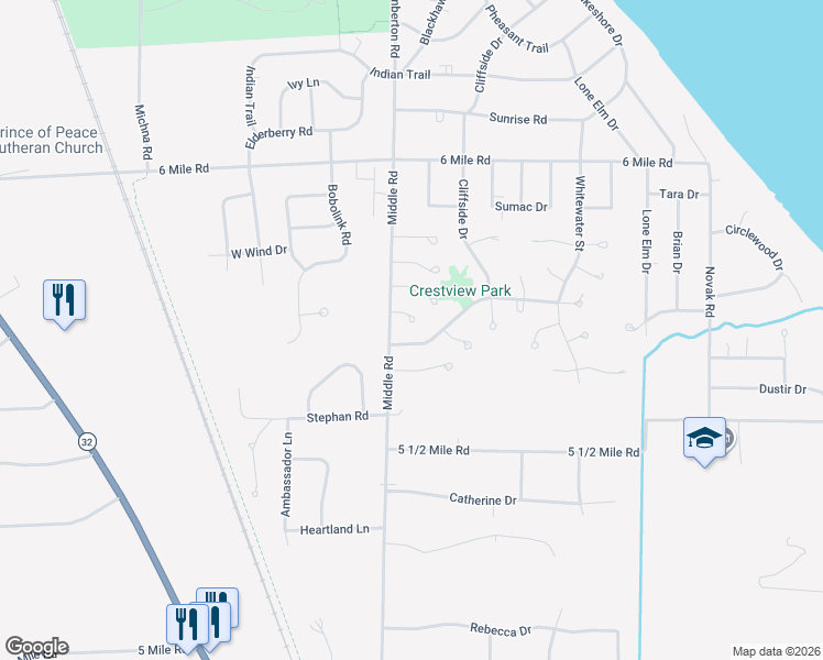 map of restaurants, bars, coffee shops, grocery stores, and more near 2925 Crestview Park Drive in Racine