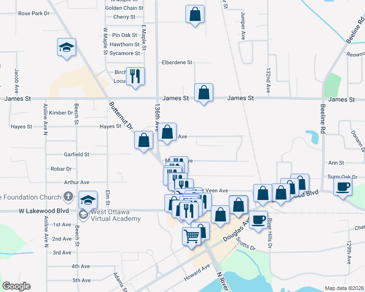 map of restaurants, bars, coffee shops, grocery stores, and more near 165 Manley Street in Holland
