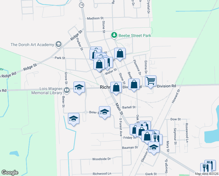 map of restaurants, bars, coffee shops, grocery stores, and more near in Richmond