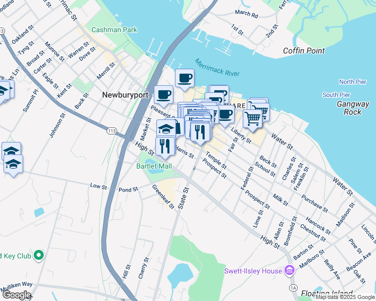 map of restaurants, bars, coffee shops, grocery stores, and more near 1 Harris Street in Newburyport