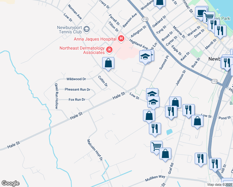 map of restaurants, bars, coffee shops, grocery stores, and more near 5 Hale Street in Newburyport