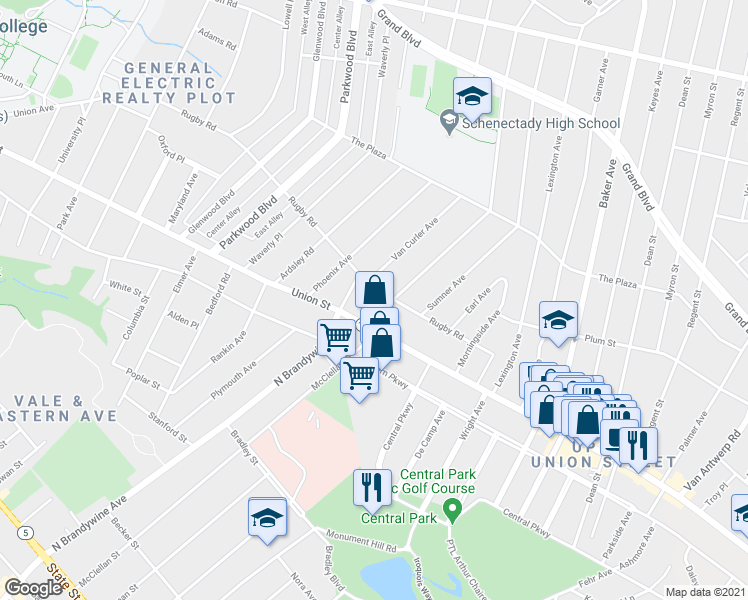 map of restaurants, bars, coffee shops, grocery stores, and more near 1021 Mc Clellan Street in Schenectady