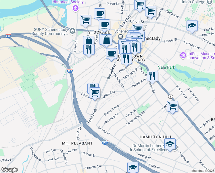 map of restaurants, bars, coffee shops, grocery stores, and more near 432 Millard Street in Schenectady