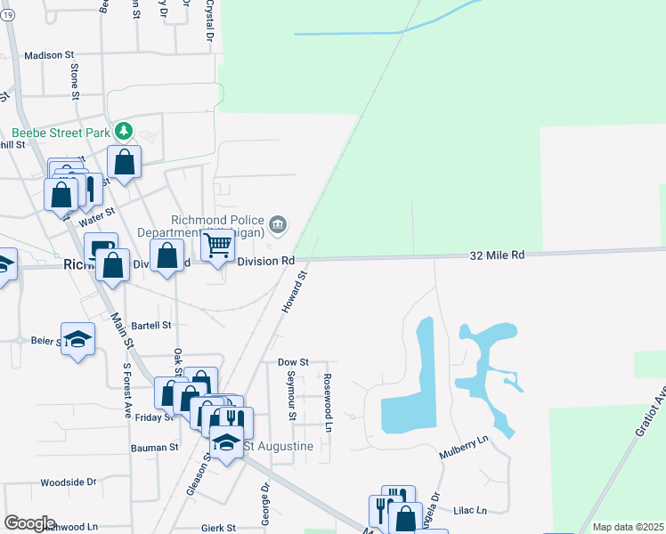 map of restaurants, bars, coffee shops, grocery stores, and more near 36984 Division Road in Richmond