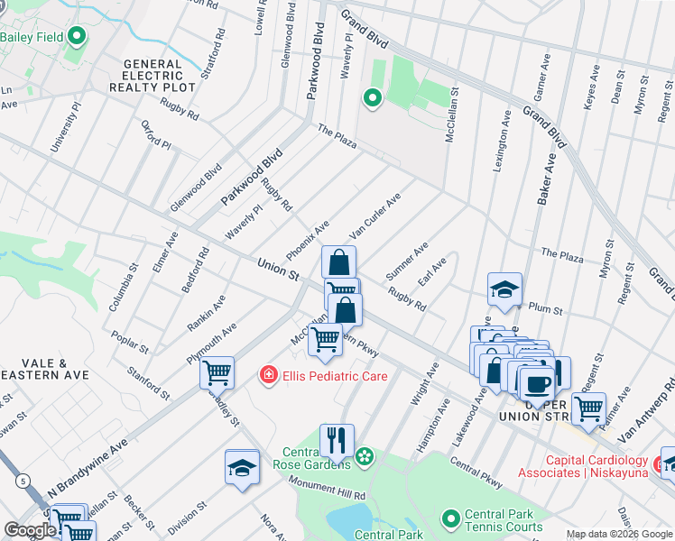 map of restaurants, bars, coffee shops, grocery stores, and more near 1021 Mc Clellan Street in Schenectady