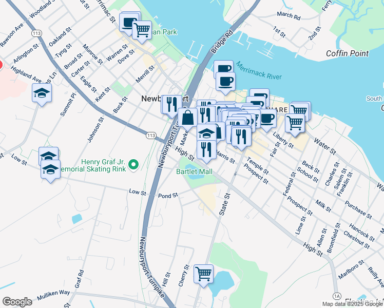 map of restaurants, bars, coffee shops, grocery stores, and more near in Newburyport