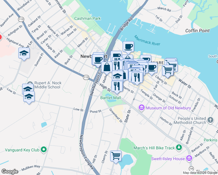 map of restaurants, bars, coffee shops, grocery stores, and more near in Newburyport