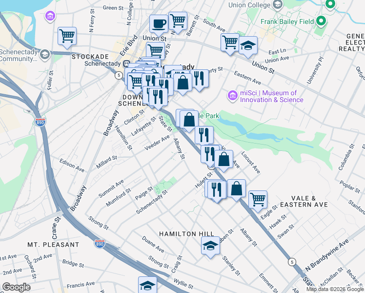 map of restaurants, bars, coffee shops, grocery stores, and more near 738 Albany Street in Schenectady