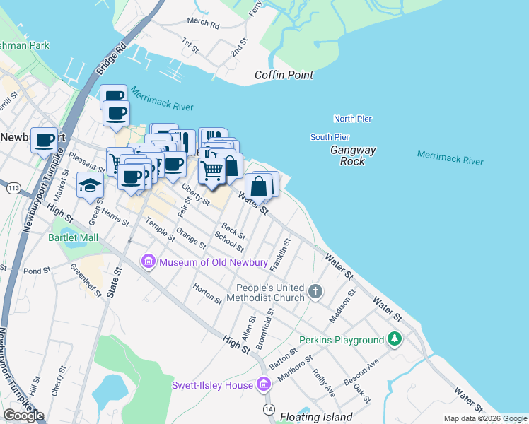 map of restaurants, bars, coffee shops, grocery stores, and more near 115R Water Street in Newburyport