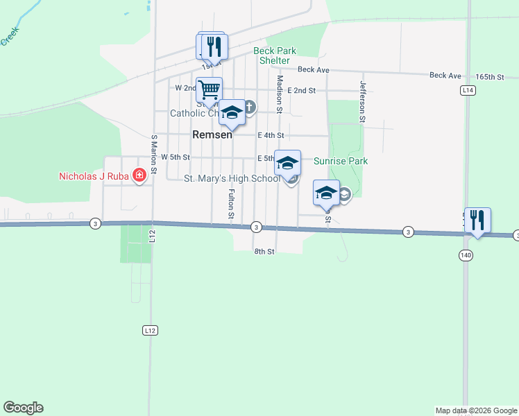 map of restaurants, bars, coffee shops, grocery stores, and more near 608 Madison Street in Remsen