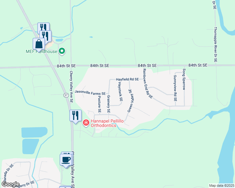 map of restaurants, bars, coffee shops, grocery stores, and more near 8551 Haystack Southeast in Caledonia