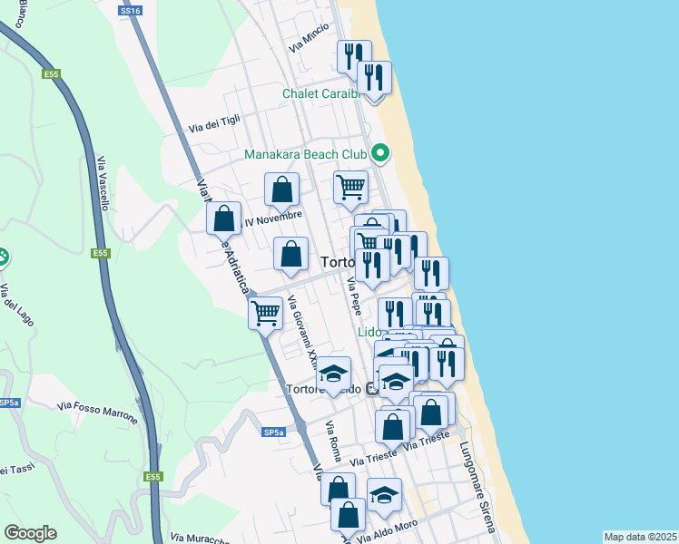 map of restaurants, bars, coffee shops, grocery stores, and more near in Tortoreto Lido