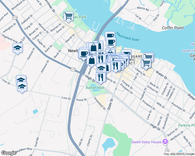 map of restaurants, bars, coffee shops, grocery stores, and more near 7 Court Street in Newburyport