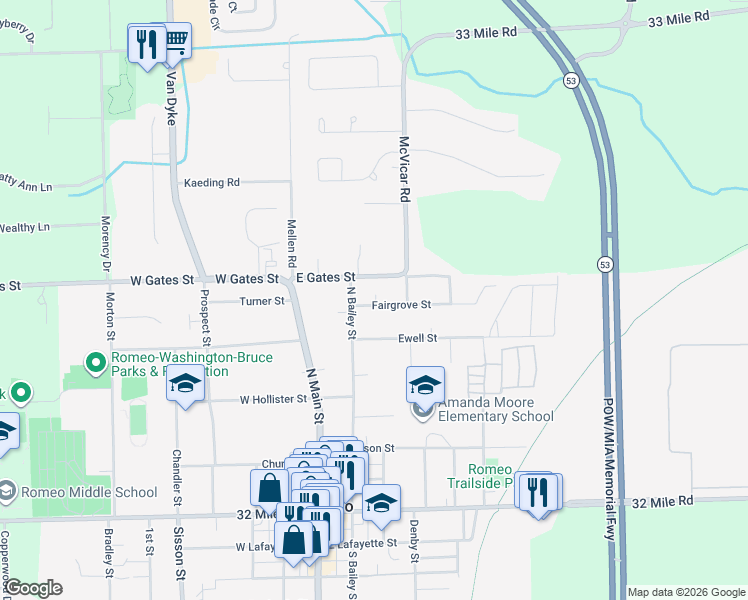 map of restaurants, bars, coffee shops, grocery stores, and more near 276 East Gates Street in Romeo