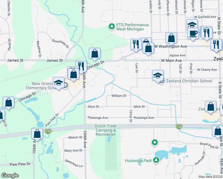 map of restaurants, bars, coffee shops, grocery stores, and more near Riverbend Court in Zeeland