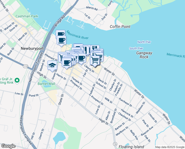 map of restaurants, bars, coffee shops, grocery stores, and more near 44 Liberty Street in Newburyport