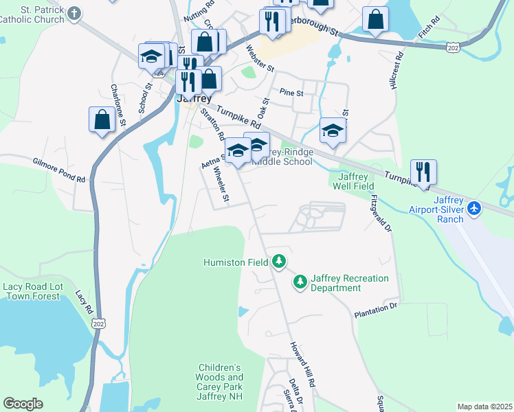 map of restaurants, bars, coffee shops, grocery stores, and more near 75 Stratton Road in Jaffrey