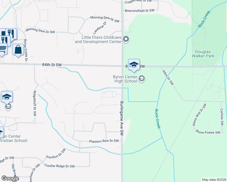 map of restaurants, bars, coffee shops, grocery stores, and more near 8451 Burlingame Avenue Southwest in Byron Center