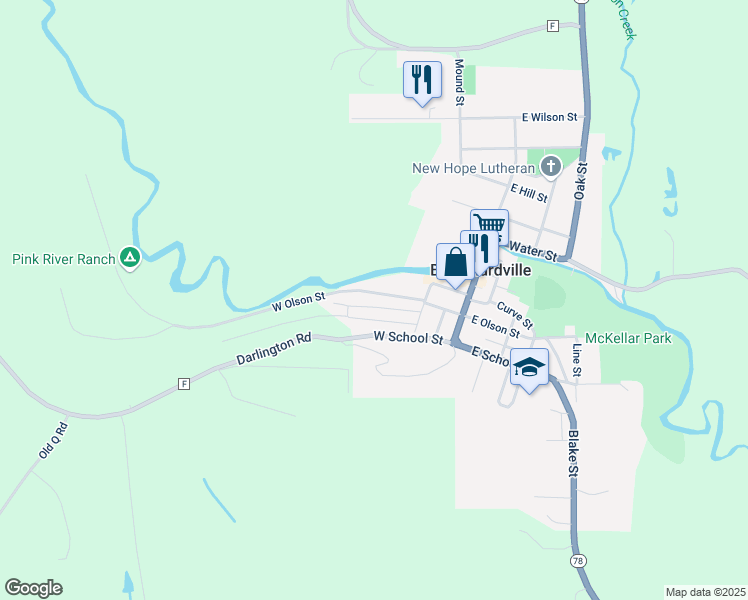 map of restaurants, bars, coffee shops, grocery stores, and more near 407 West Olson Street in Blanchardville