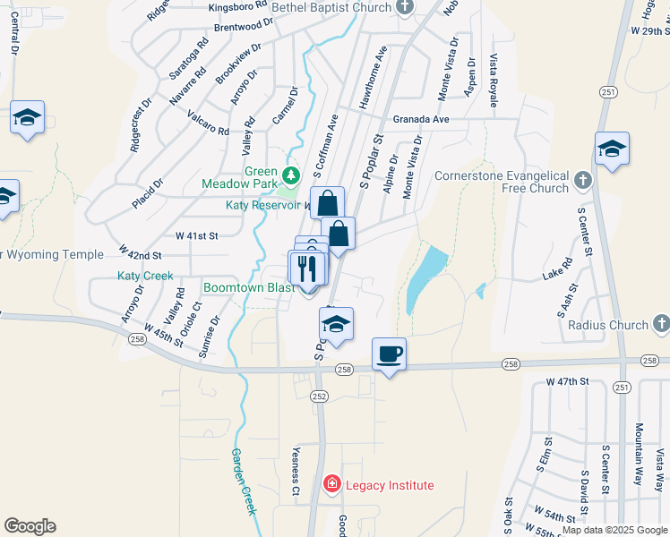map of restaurants, bars, coffee shops, grocery stores, and more near 4080 South Poplar Street in Casper