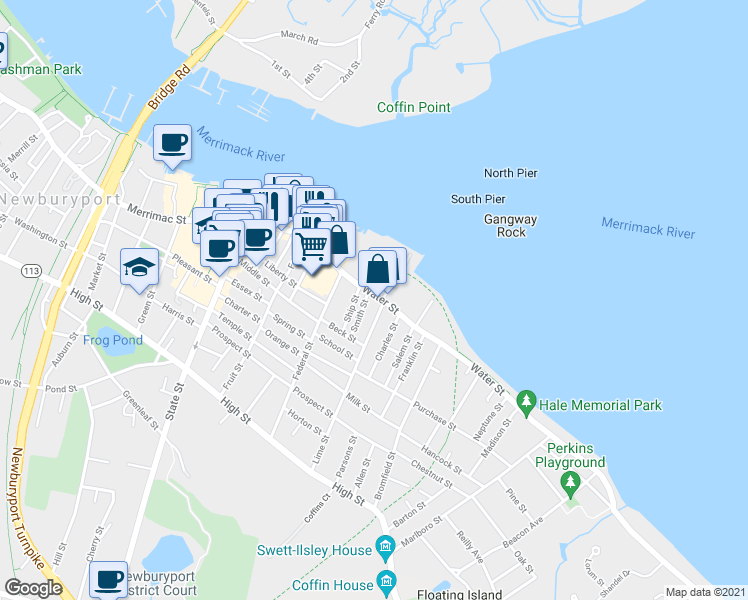 map of restaurants, bars, coffee shops, grocery stores, and more near 115R Water Street in Newburyport