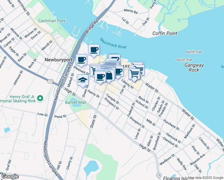 map of restaurants, bars, coffee shops, grocery stores, and more near 40 Middle Street in Newburyport