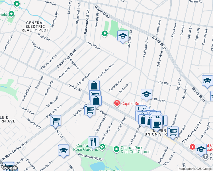 map of restaurants, bars, coffee shops, grocery stores, and more near 1125 Mc Clellan Street in Schenectady