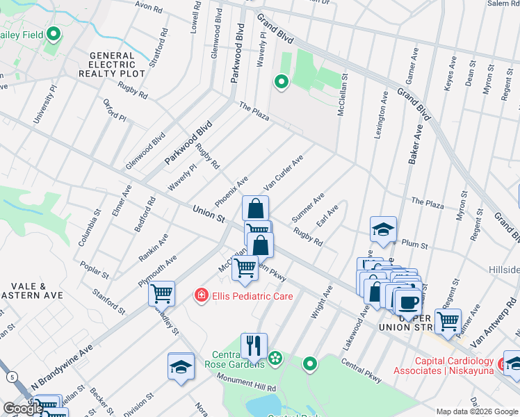 map of restaurants, bars, coffee shops, grocery stores, and more near 1116 Van Curler Avenue in Schenectady