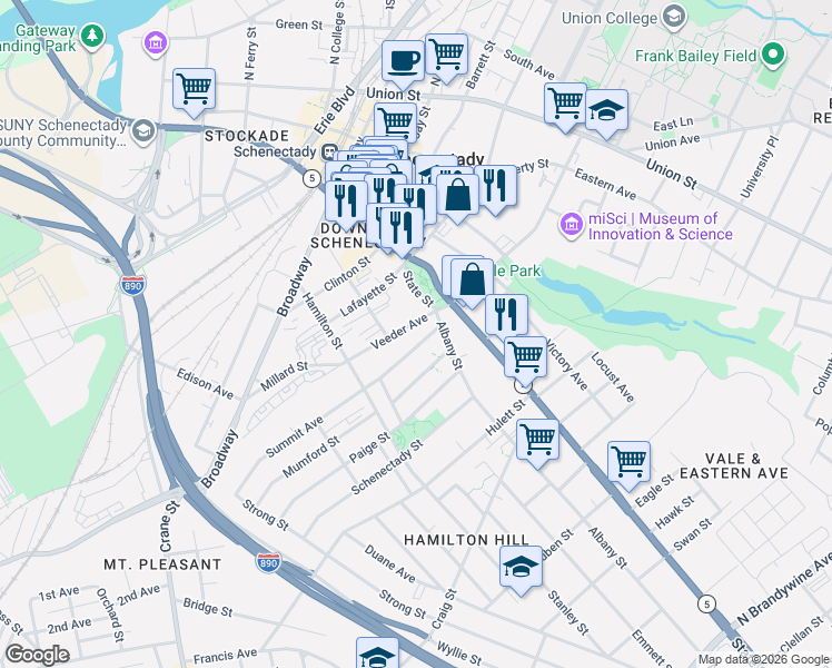 map of restaurants, bars, coffee shops, grocery stores, and more near 620 State Street in Schenectady