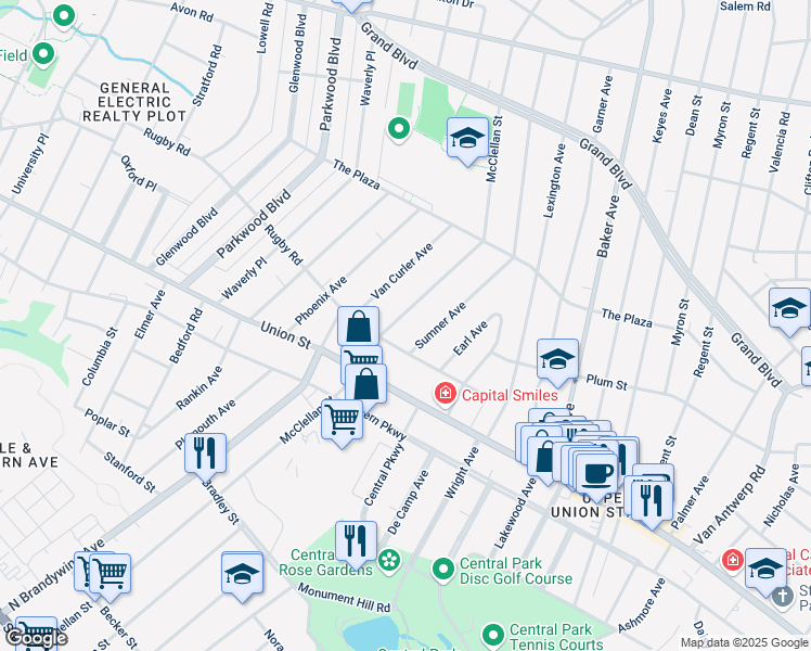 map of restaurants, bars, coffee shops, grocery stores, and more near 1125 Mc Clellan Street in Schenectady