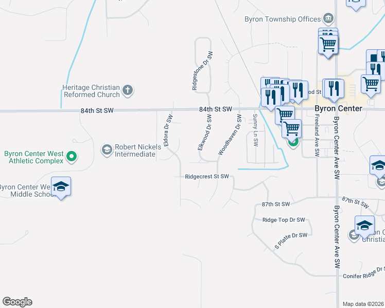 map of restaurants, bars, coffee shops, grocery stores, and more near 8562 Elkwood Drive Southwest in Byron Center