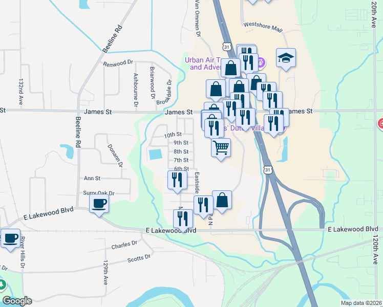 map of restaurants, bars, coffee shops, grocery stores, and more near 9th St in Holland