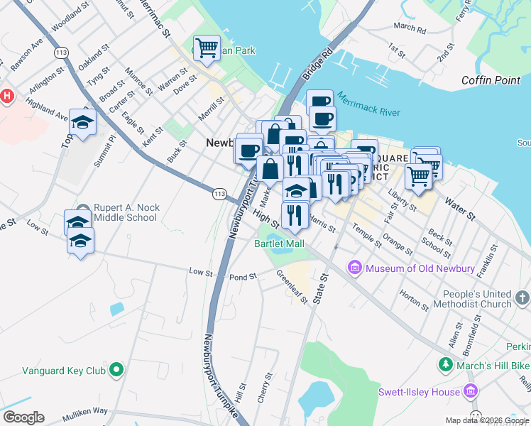 map of restaurants, bars, coffee shops, grocery stores, and more near 9 Washington Street in Newburyport