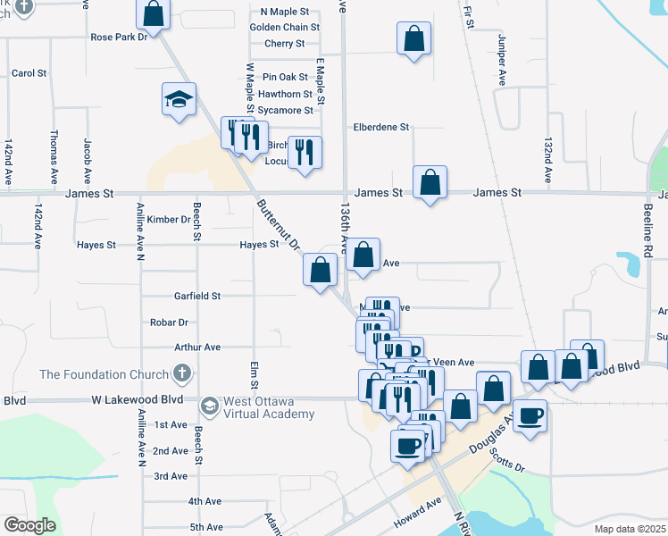 map of restaurants, bars, coffee shops, grocery stores, and more near 413 136th Avenue in Holland