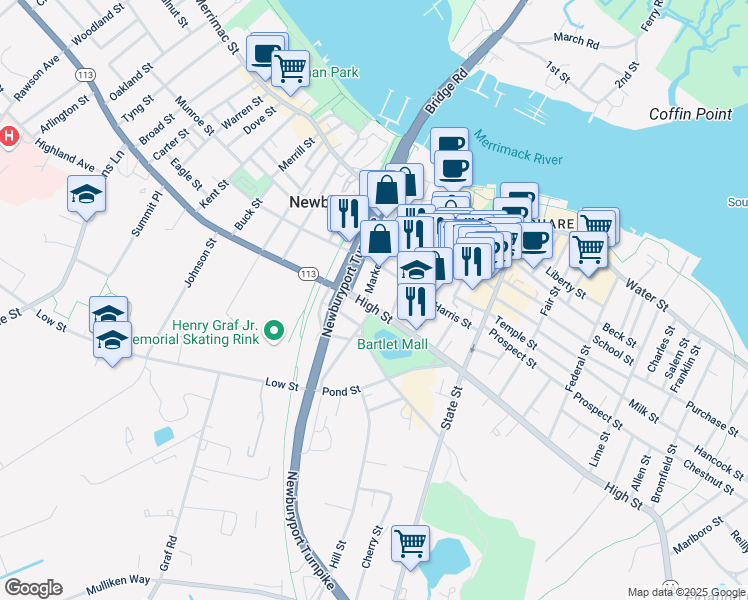 map of restaurants, bars, coffee shops, grocery stores, and more near 9 Washington Street in Newburyport