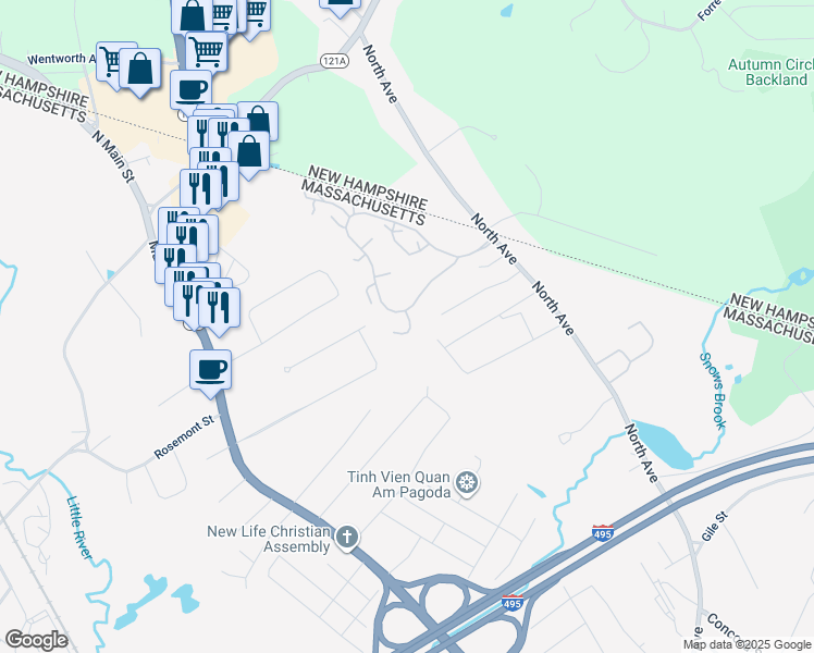 map of restaurants, bars, coffee shops, grocery stores, and more near 9 Lilac Lane in Haverhill