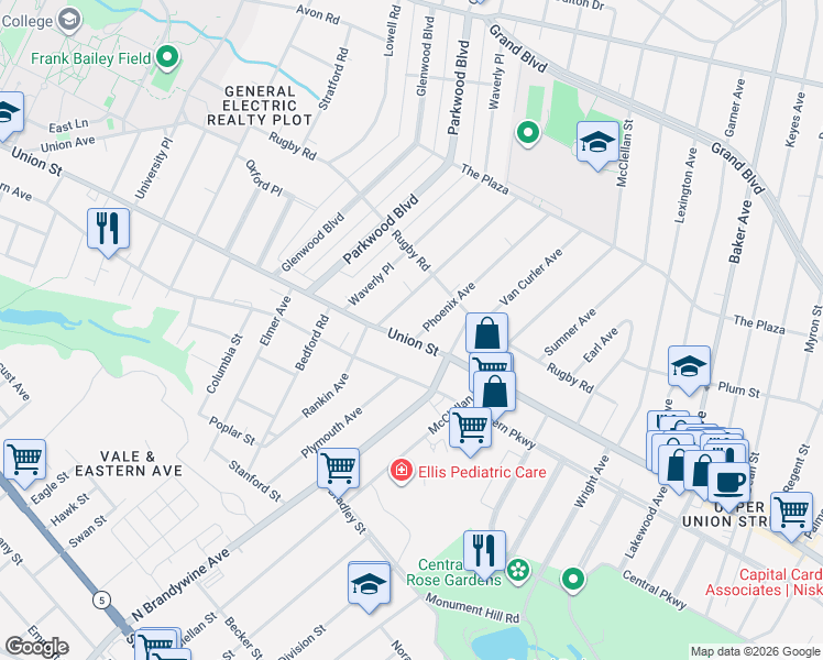 map of restaurants, bars, coffee shops, grocery stores, and more near 1047 Phoenix Avenue in Schenectady