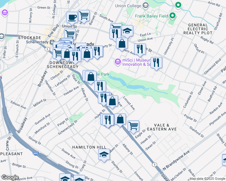 map of restaurants, bars, coffee shops, grocery stores, and more near 27 Grove Place in Schenectady