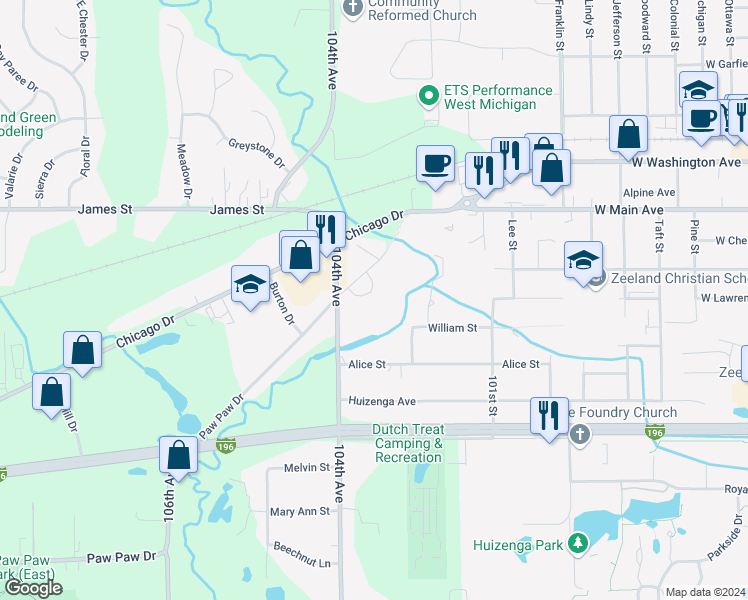 map of restaurants, bars, coffee shops, grocery stores, and more near 10328 Paw Paw Drive in Zeeland