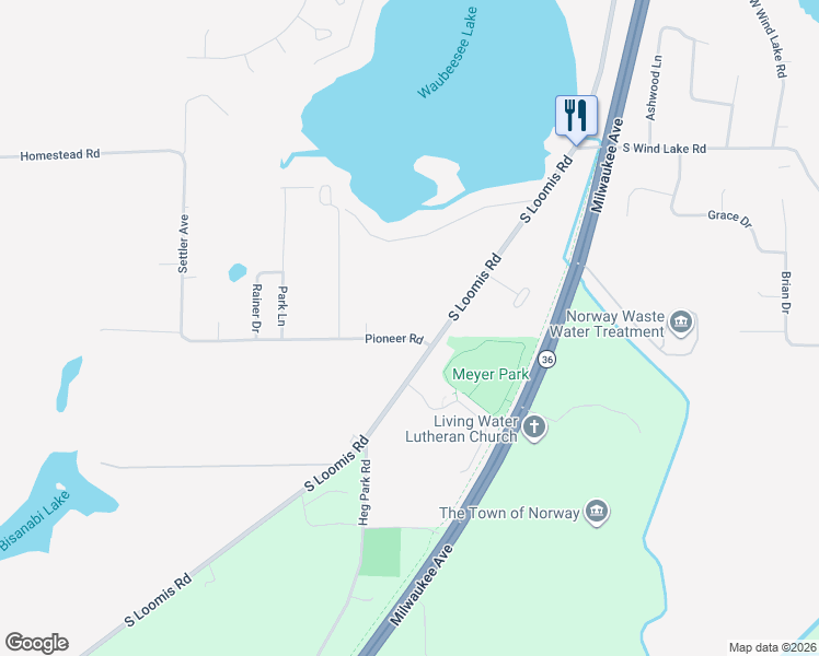 map of restaurants, bars, coffee shops, grocery stores, and more near 27042 Pioneer Road in Wind Lake
