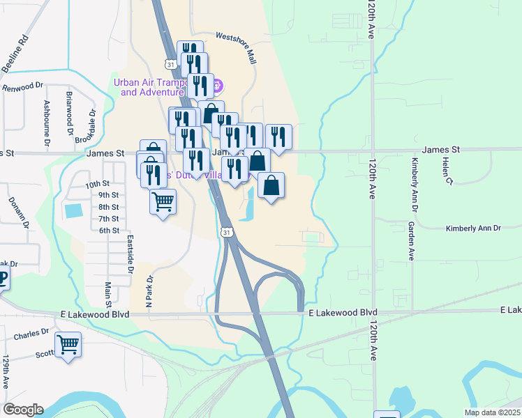 map of restaurants, bars, coffee shops, grocery stores, and more near 12330 James Street in Holland