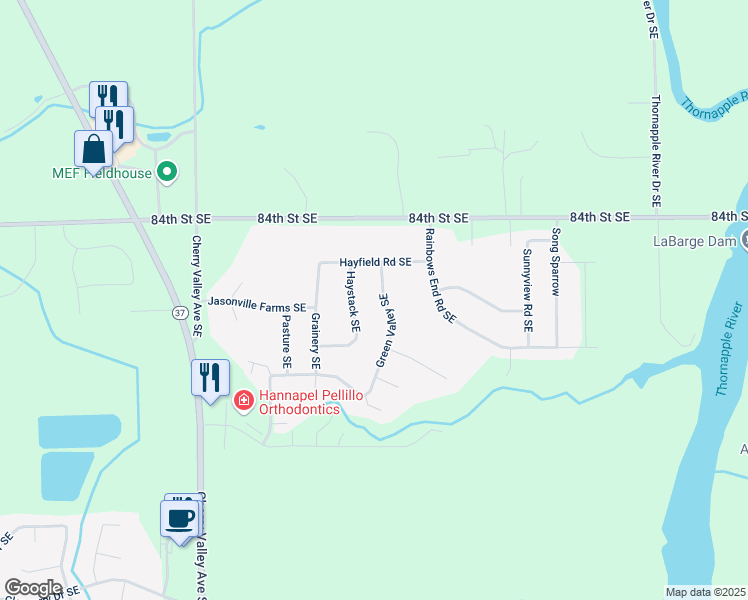 map of restaurants, bars, coffee shops, grocery stores, and more near 8524 Haystack Southeast in Caledonia