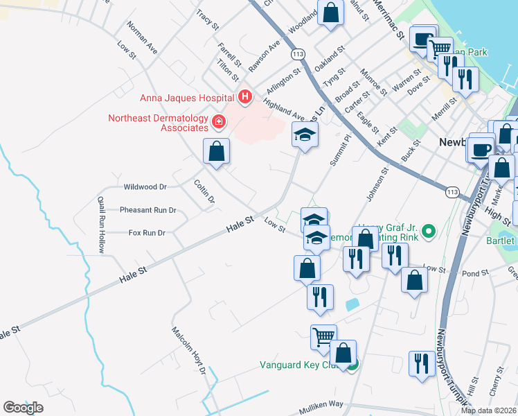 map of restaurants, bars, coffee shops, grocery stores, and more near 46 Toppans Lane in Newburyport