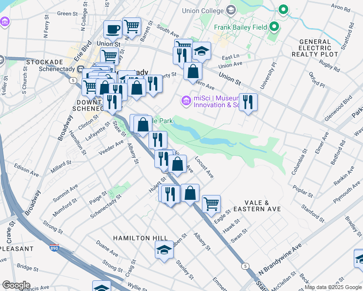 map of restaurants, bars, coffee shops, grocery stores, and more near 27 Grove Place in Schenectady