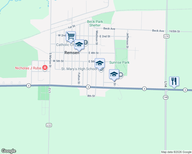 map of restaurants, bars, coffee shops, grocery stores, and more near 608 Madison Street in Remsen