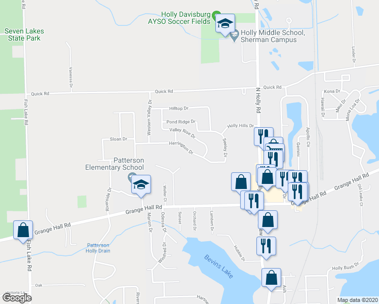 map of restaurants, bars, coffee shops, grocery stores, and more near 3361 Herrington Drive in Holly