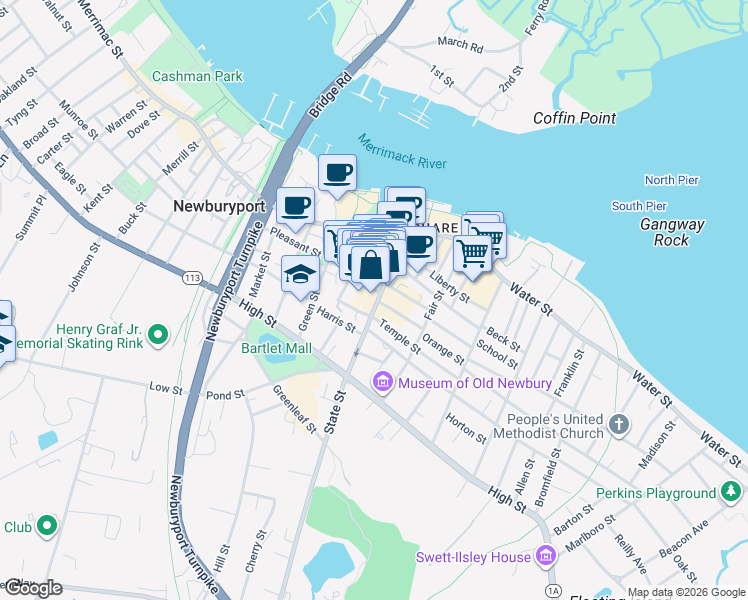 map of restaurants, bars, coffee shops, grocery stores, and more near 70 State Street in Newburyport