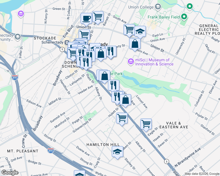 map of restaurants, bars, coffee shops, grocery stores, and more near 5 Barney Street in Schenectady