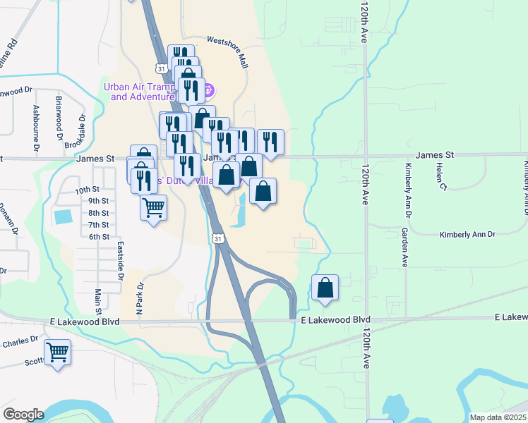 map of restaurants, bars, coffee shops, grocery stores, and more near 12330 James Street in Holland